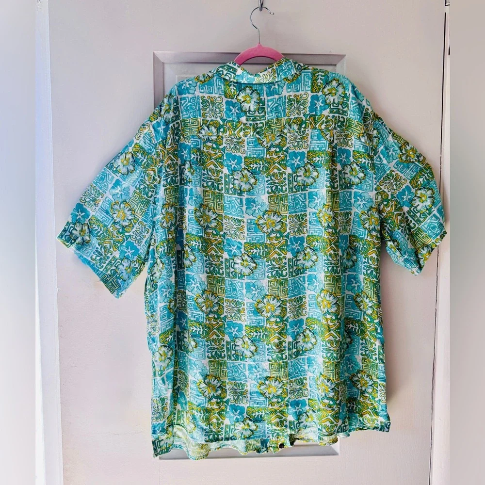 VINTAGE Island Passport Blue and Green Tropical Patterned Men's Shirt - Picture 4 of 5
